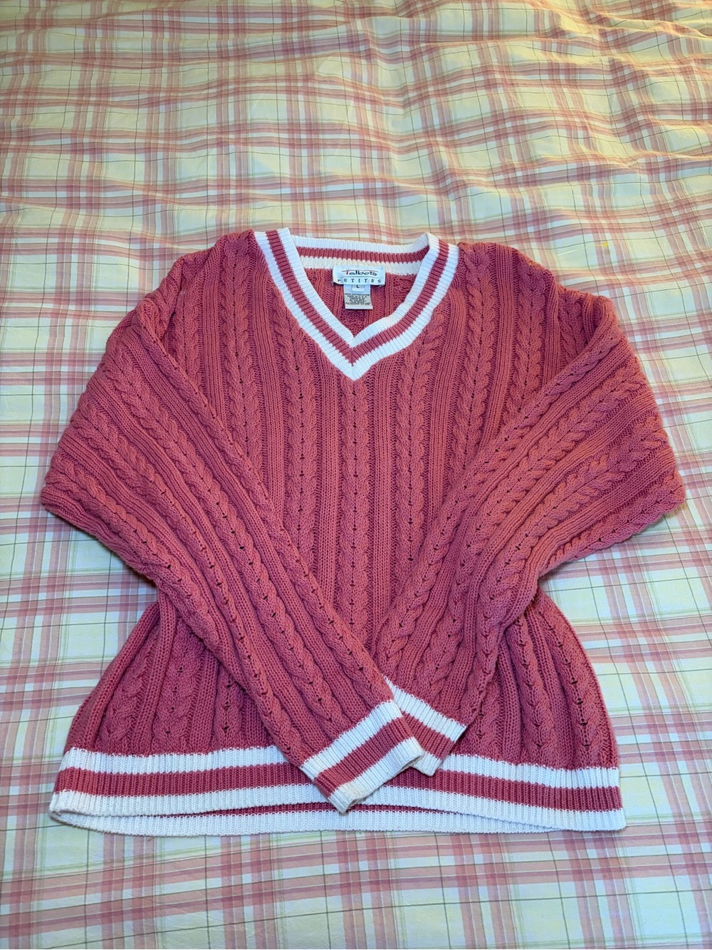 Talbots V-Neck Cable Knit Sweater - Pink and White